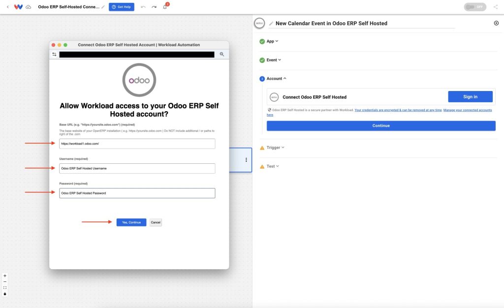 Input the Base URL and API Key to authorize Odoo ERP Self-Hosted within a workflow step.