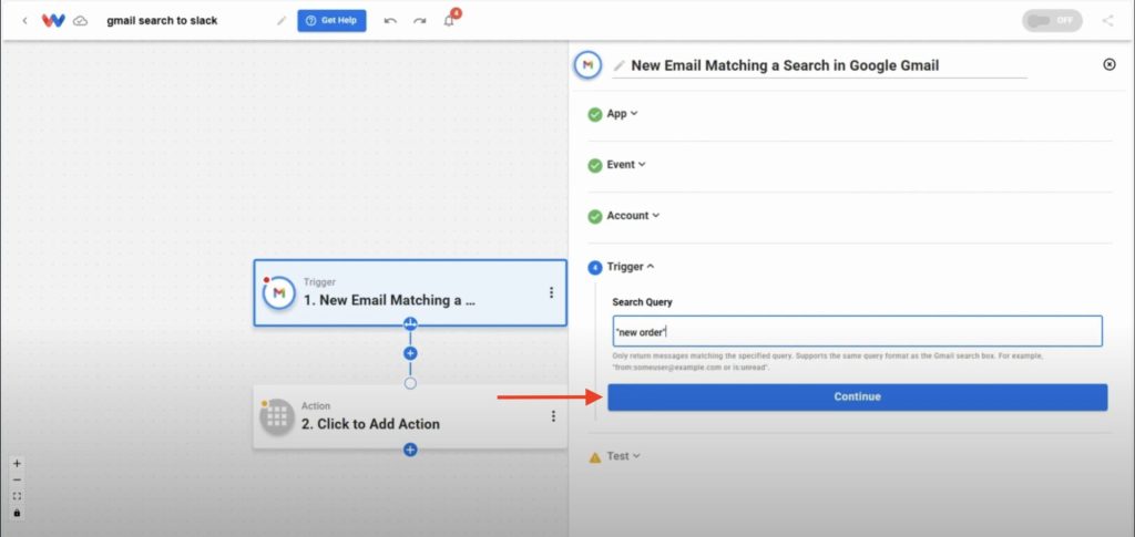 Editor view of the Workload platform with a red arrow pointing to "Continue" button after adding the desired query in the "Search Query field.