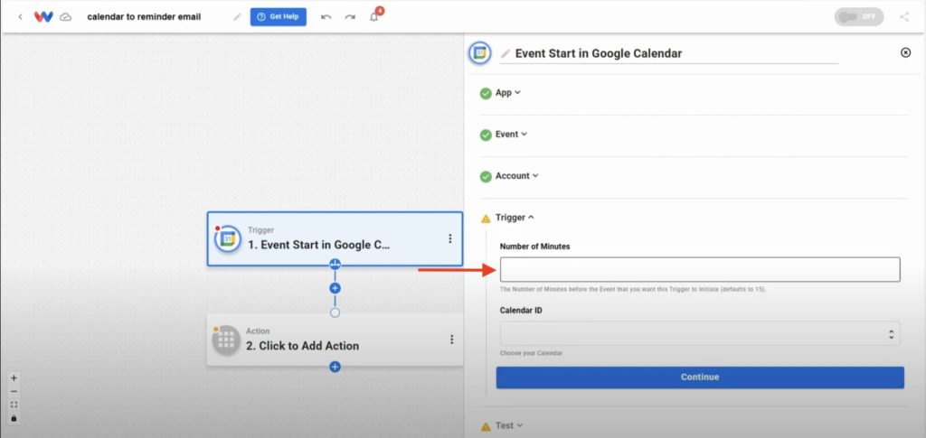 Editor view of Workload platform with red arrow pointing to Number of Minutes field.