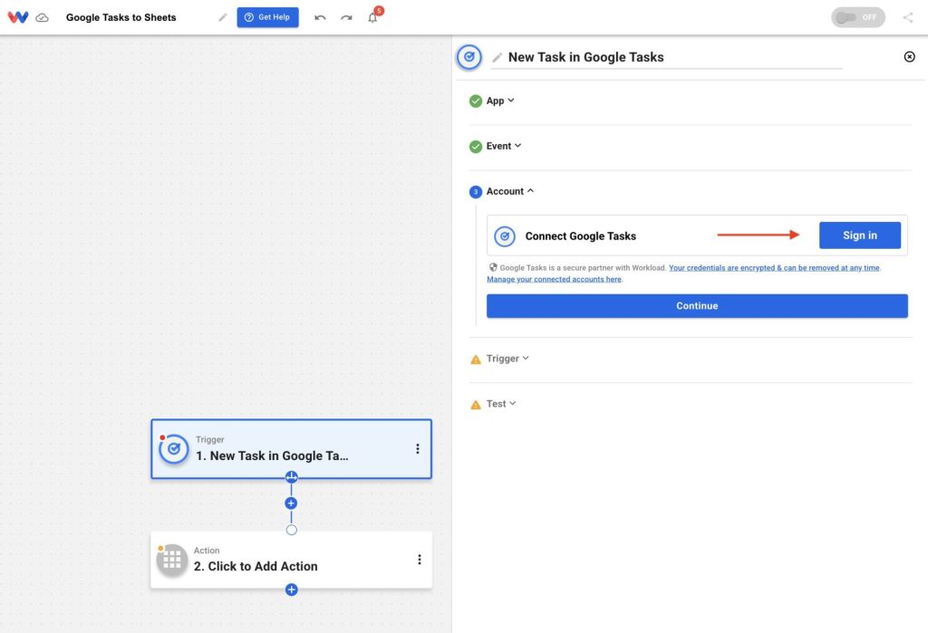 Clicking Sign In during workflow setup to Link a Google Sheets Account to Workload
