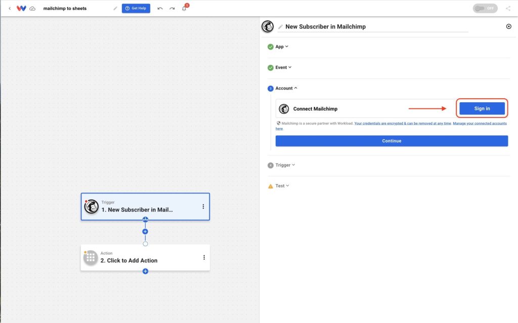 Click Sign In to securely connect your Mailchimp account and authenticate the integration.