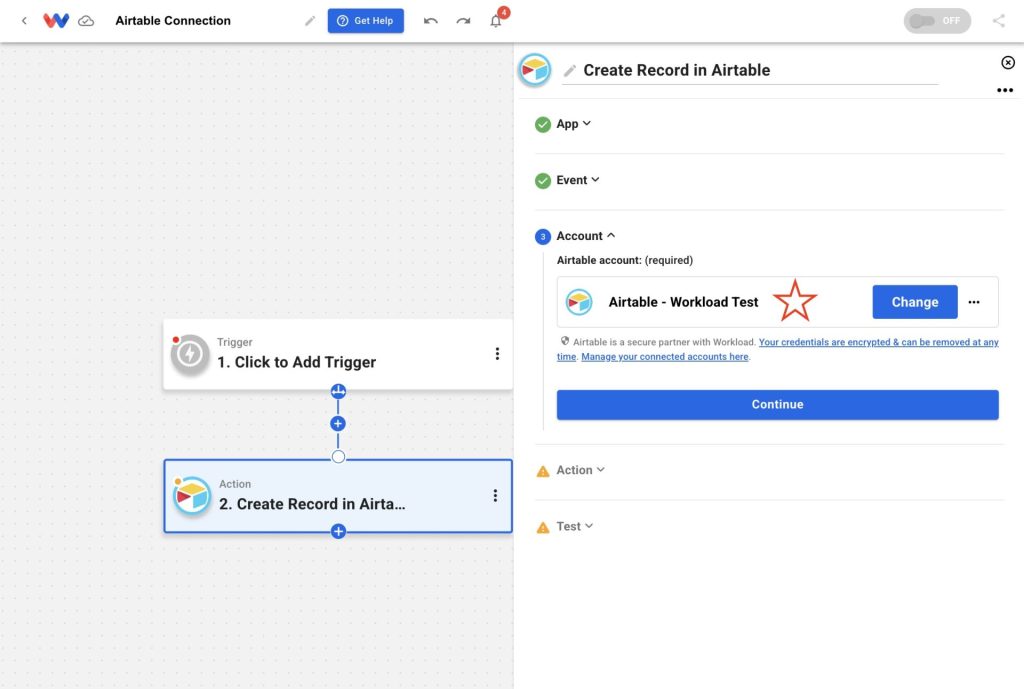 Airtable connection successfully added—your account now appears in the dropdown menu for this step.