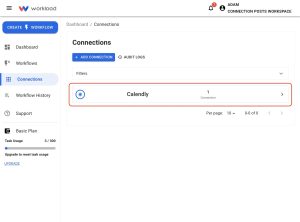 Active Connections screen after you Connect Calendly to Workload.