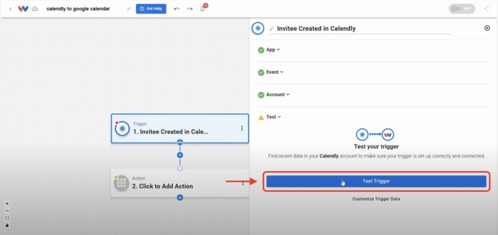 Editor view of Workload platform with red arrow pointing to the Test Trigger button.