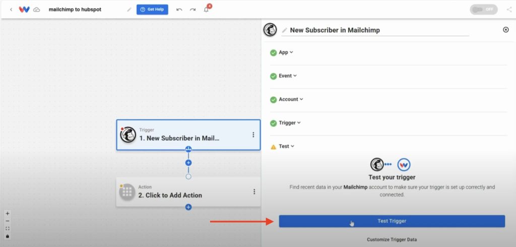 Test the trigger of the Mailchimp to HubSpot Sync worfklow.