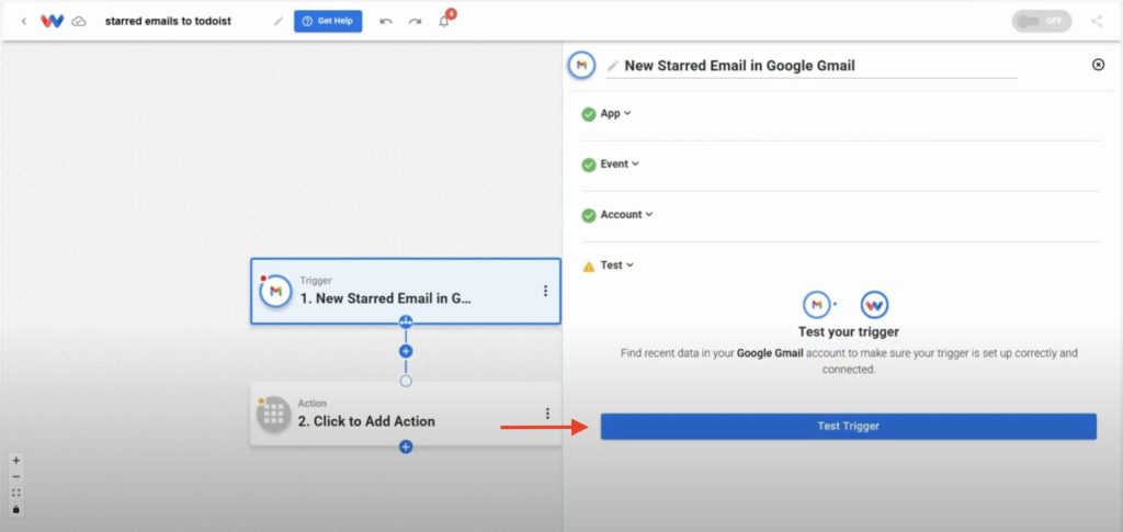 Testing the Gmail trigger setup in Workload after selecting and connecting the New Starred Email event.