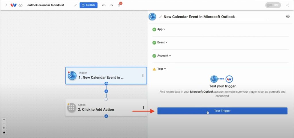 Testing the trigger for syncing events with Todoist tasks using Outlook calendar data.