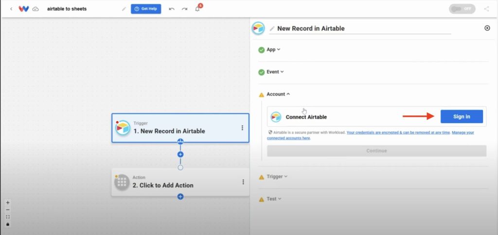 Signing in to connect an Airtable account inside Workload.