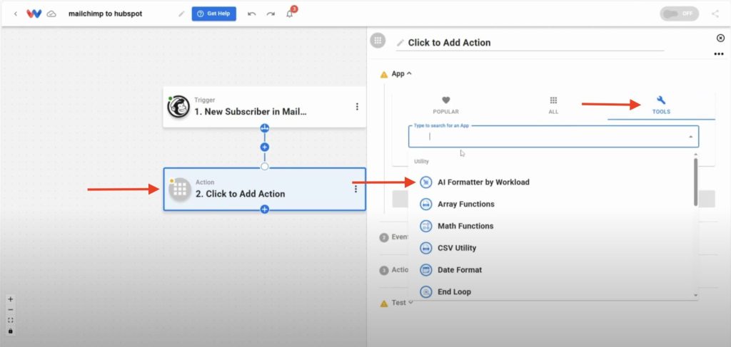 Add an action step by selecting AI Formatter by Workload in the Tools menu.