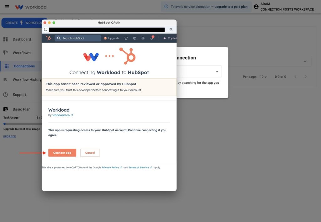 Click “Connect App” to authorize and Connect HubSpot to Workload.