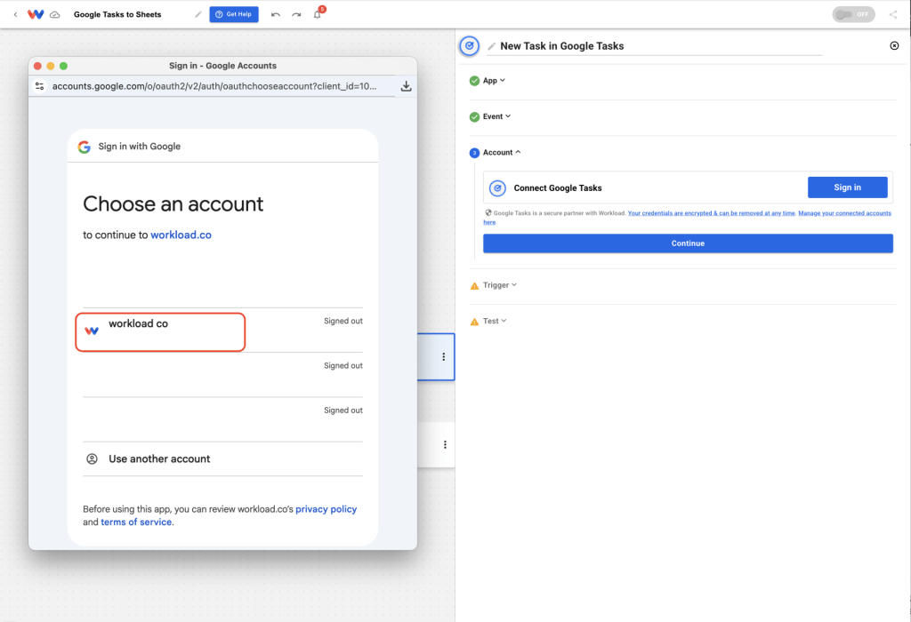 Choosing your Google account from the list