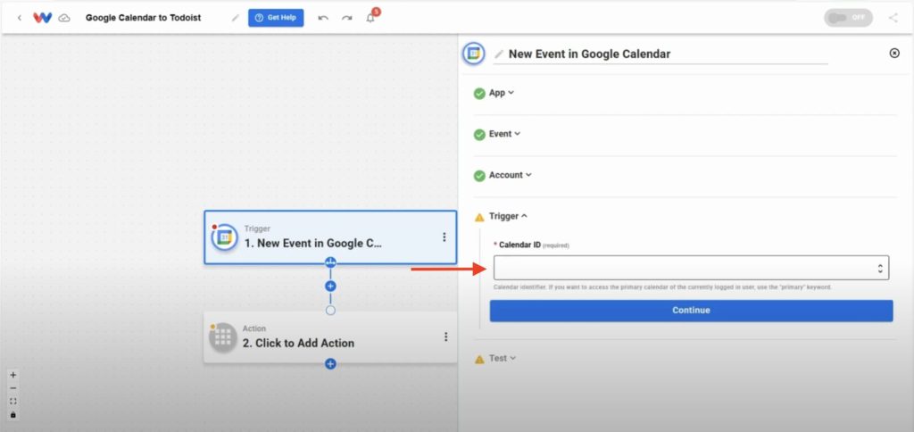 Editor view of Workload platform with red arrow pointing to the Calendar ID dynamic dropdown field.