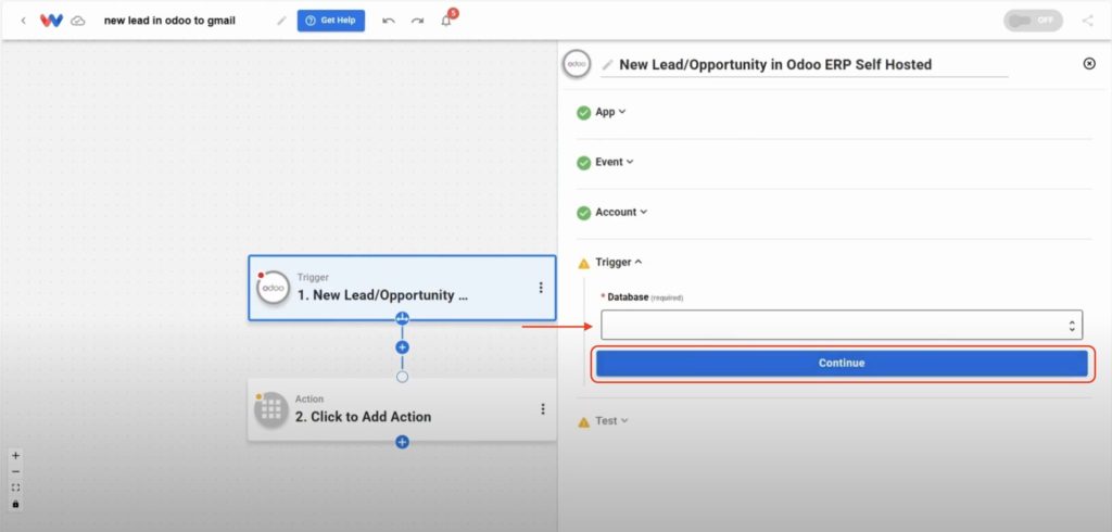 Selecting the Odoo database in Workload automation setup.