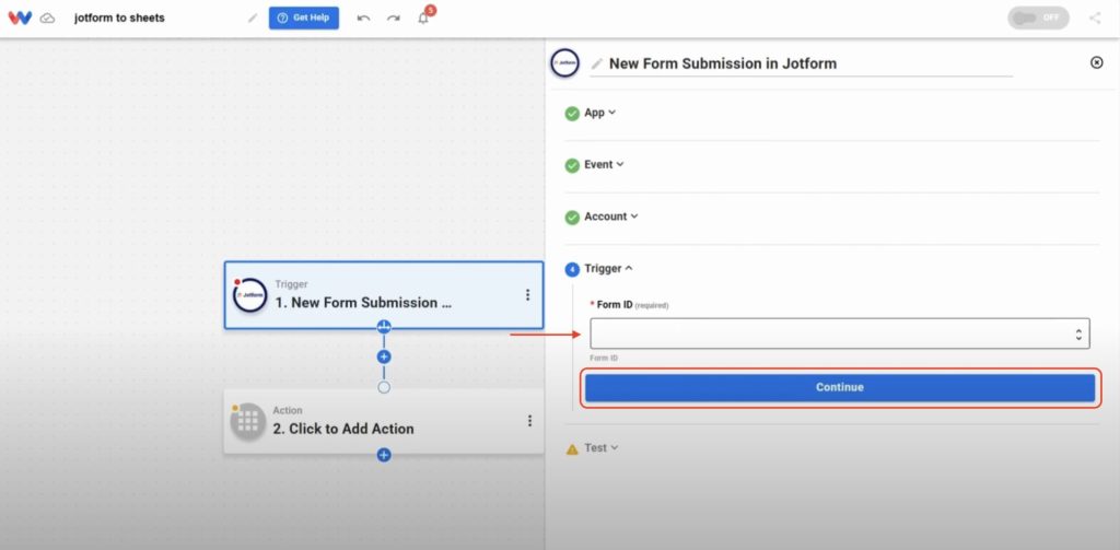 Select the specific Jotform form that will trigger the workflow whenever a new submission is received