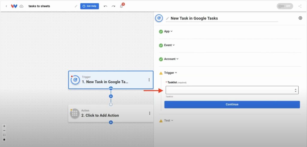 Selecting the task list to monitor for new Google Tasks