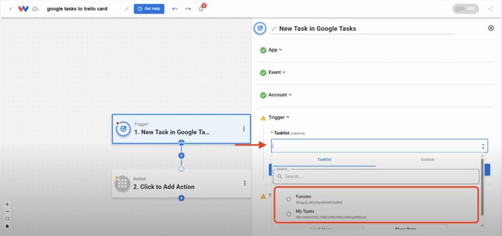 Selecting task list (ex:, Funsies) from Google Tasks to start automation.