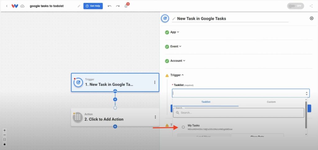 Choosing a task list from the dynamic dropdown menu for the Google Tasks trigger setup in Workload.