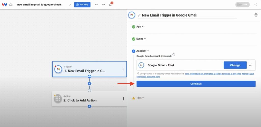 Gmail account connected successfully; user clicks “Continue” to set up the email logging workflow.