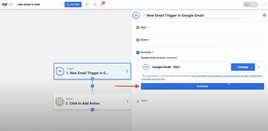 Once Gmail is connected, click “Continue” to proceed with building the workflow.