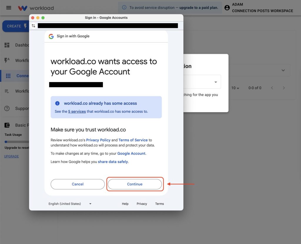 Accepting permissions to Link a Google Sheets Account to Workload through Google