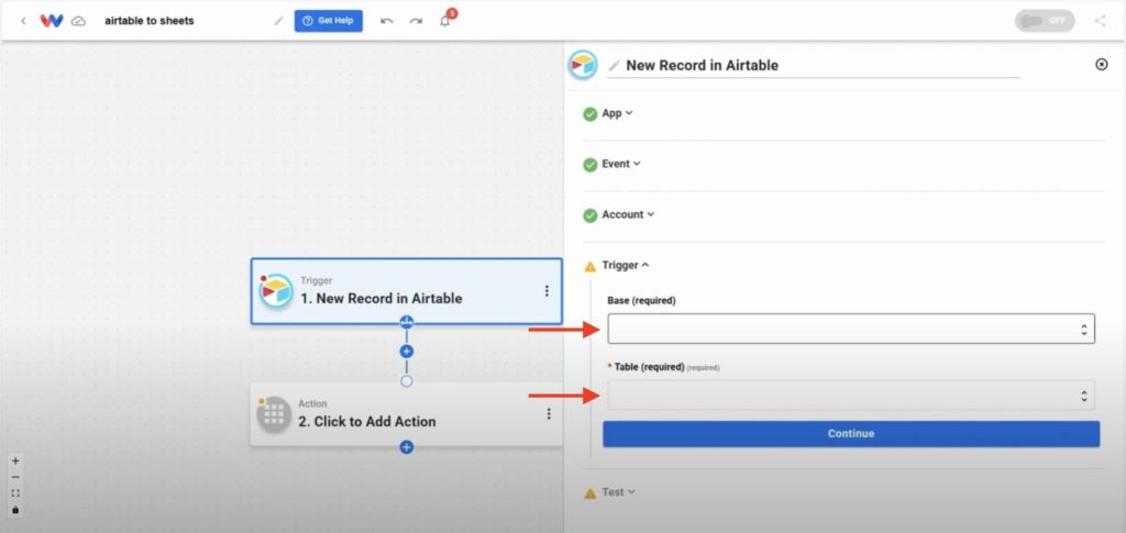 Choosing Airtable base and table to monitor for Airtable Records to Sheets workflow.