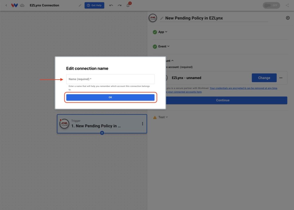 Type a custom name for your new EZLynx connection in Workload.