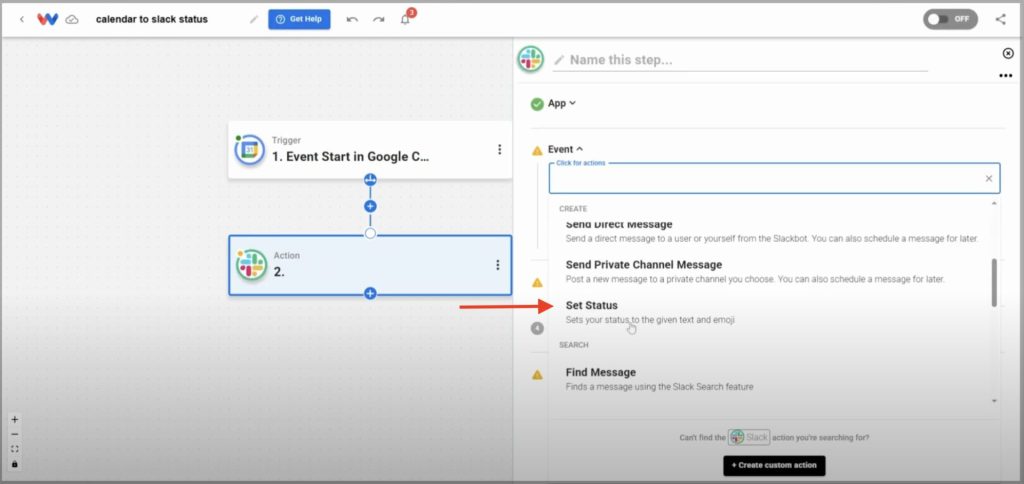 Set the action app and event.