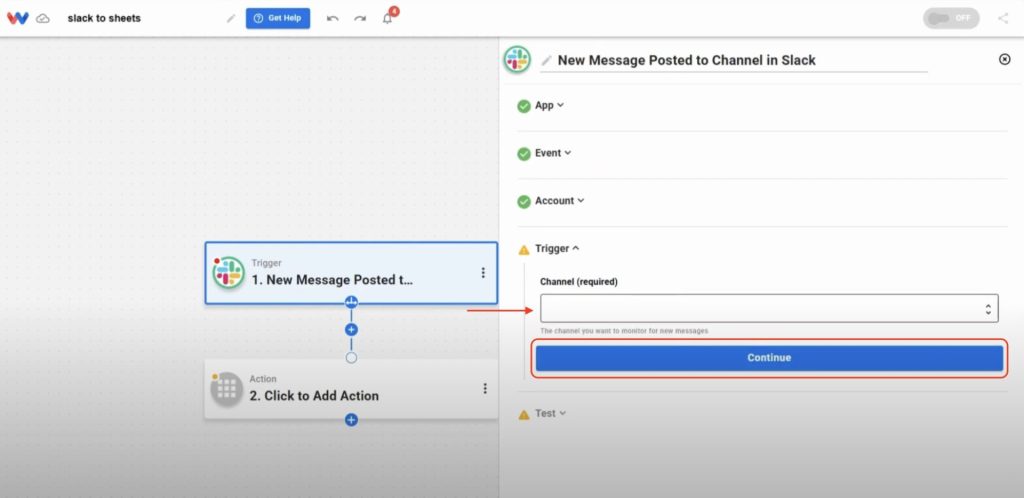 Choose the Slack channel you want to monitor for new message events.