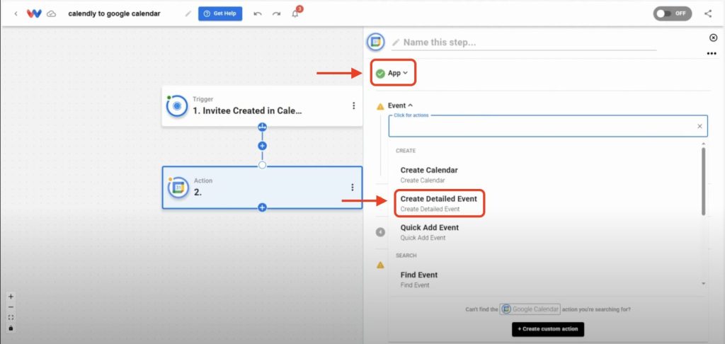 Editor view of Workload platform with red arrows pointing to the App selection and the Event Selection of Google Calendar Step.