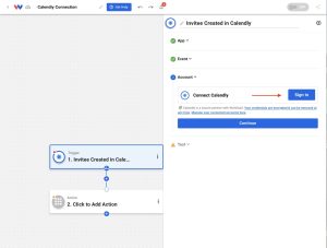Click Sign in on the Calendly step to Connect Calendly to Workload from inside a workflow.