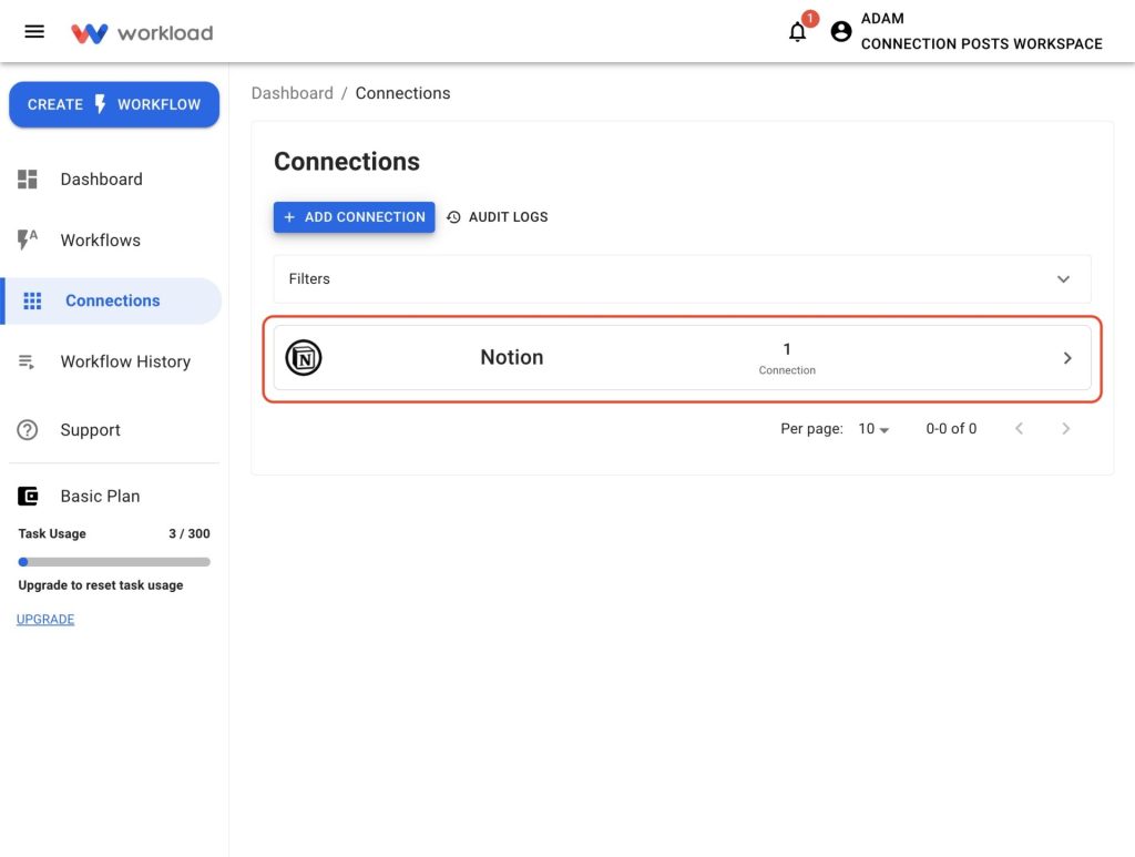 Connections list showing Notion added successfully after you Connect Notion to Workload.