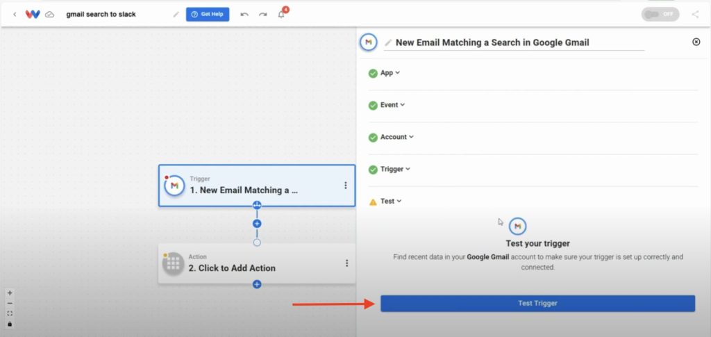 Editor view of Workload dashboard with a red arrow pointing to the "Test Trigger" button at the bottom.