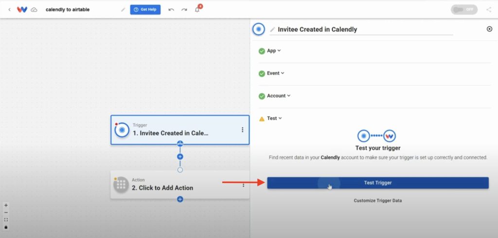 Testing the Calendly trigger to make sure it pulls the most recent invitee for building the workflow.