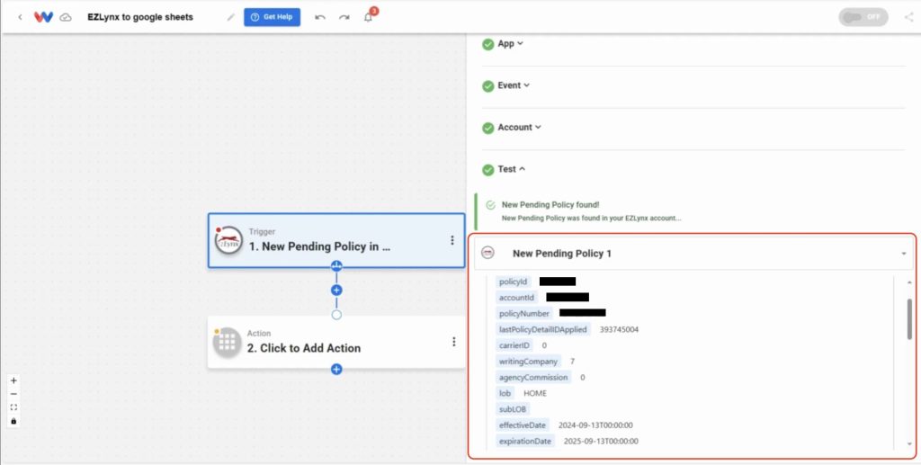 Review the sample data returned from EZLynx to ensure all fields needed to sync EZLynx pending policies are available.