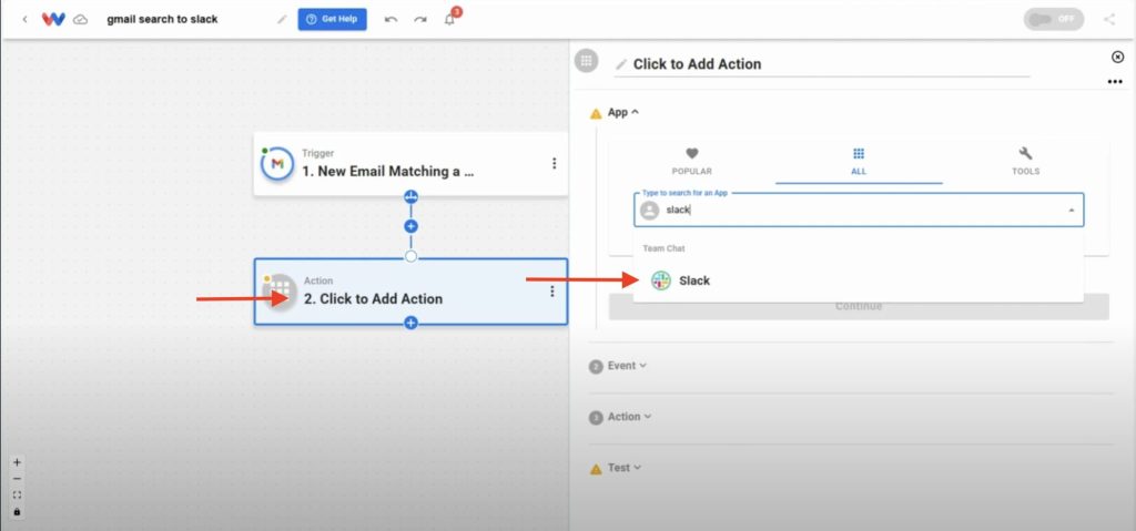Editor view of Workload platform with a red arrow pointing to Step 2 of the workflow. There is another red arrow pointing to the Slack app option within the App menu.