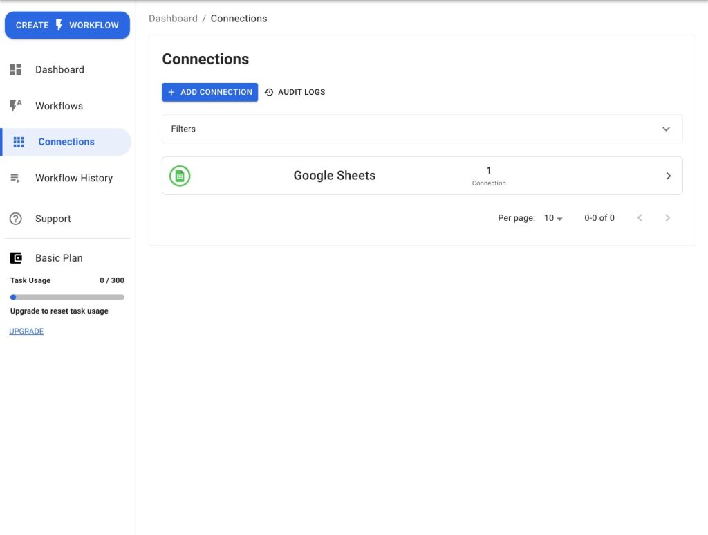 Completed setup showing Google Sheets listed as connected after you Link a Google Sheets Account to Workload