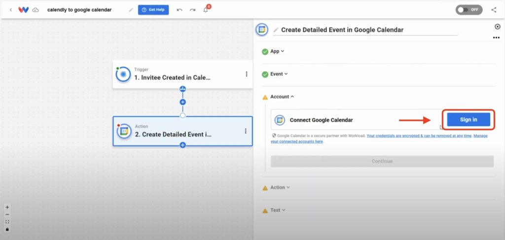 Editor view of Workload platform with red arrow pointing to a Sign in button to connect a Google Calendar account to Workload.