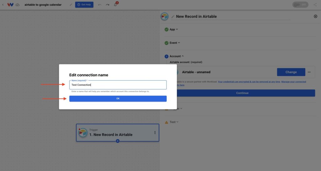 Naming the Airtable connection inside Workload for easier reference