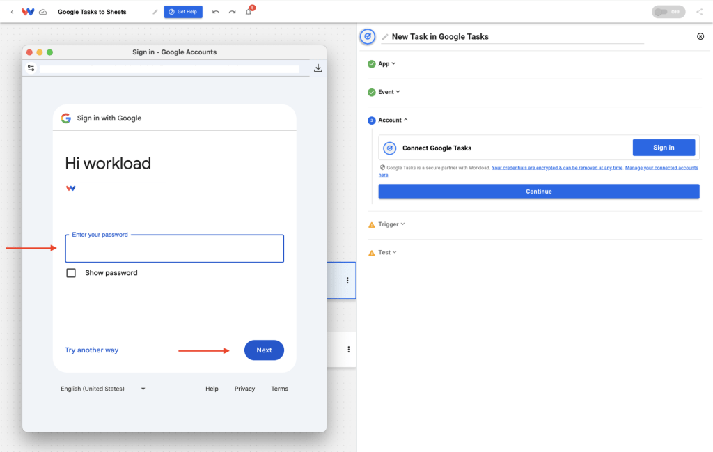Entering your password to connect your Google Sheets