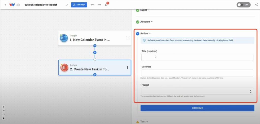Mapping event data into Todoist task fields like title, due date, and project.