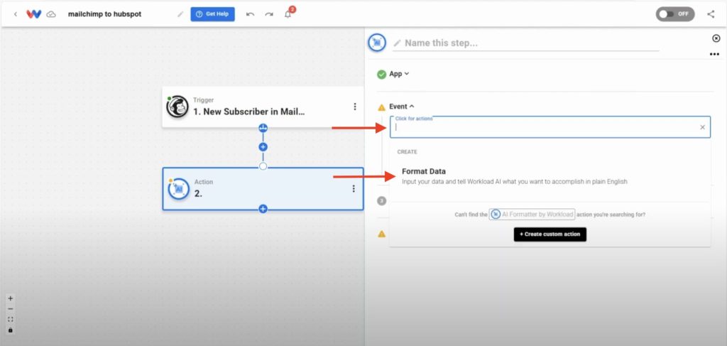 Choose "Format Data" as the action event.