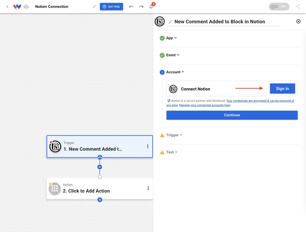Notion trigger step open in Workload with Sign in under the Account section to Connect Notion to Workload.