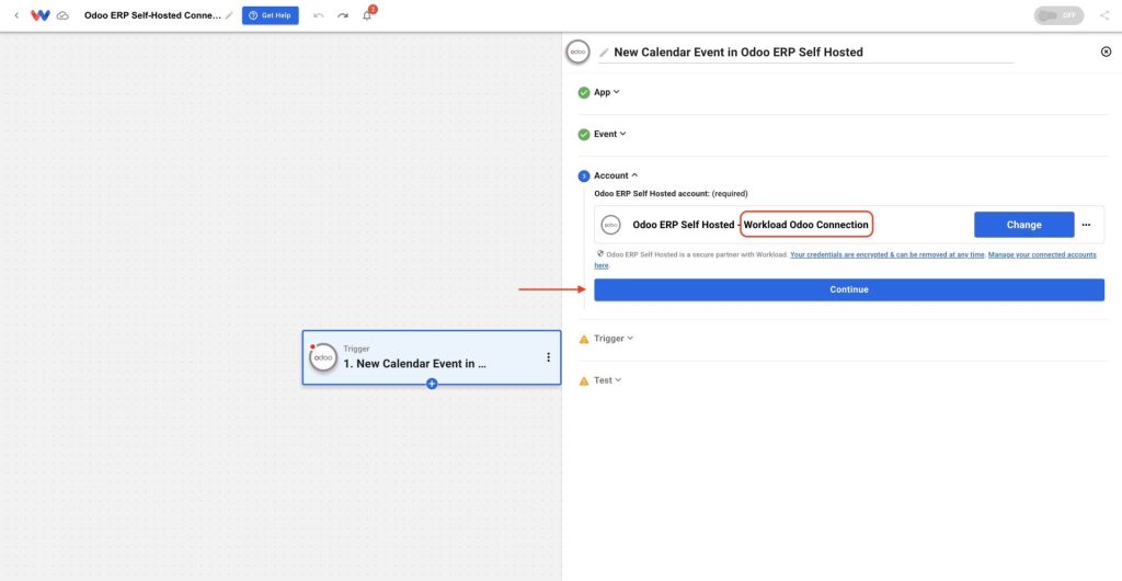 Odoo ERP Self-Hosted connection successfully added and visible in the Account dropdown for a workflow step.