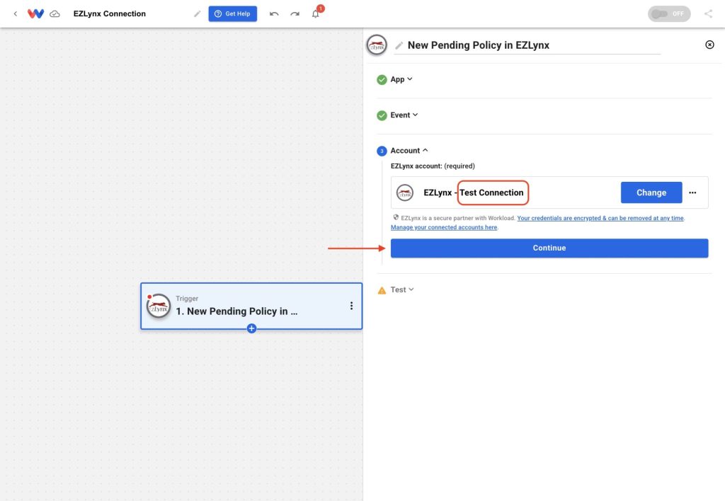 EZLynx account displayed as connected in the workflow’s account field after linking.