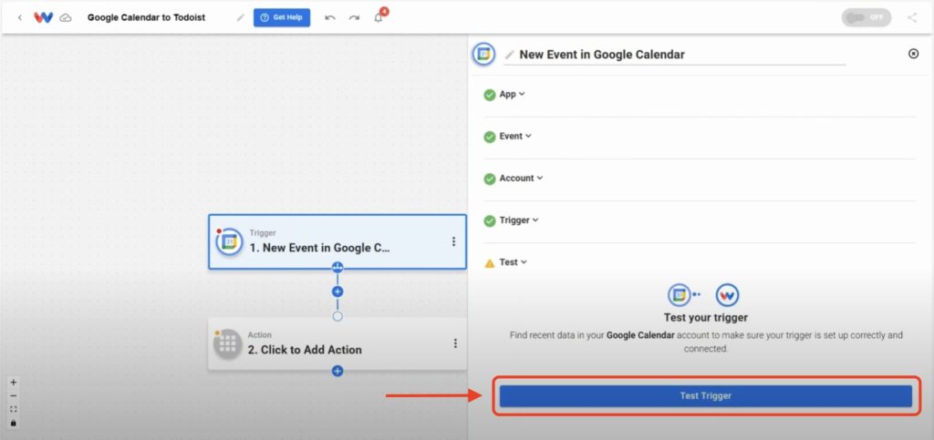 Editor view of Workload platform with red arrow pointing to the Test Trigger button at the bottom of the screen.