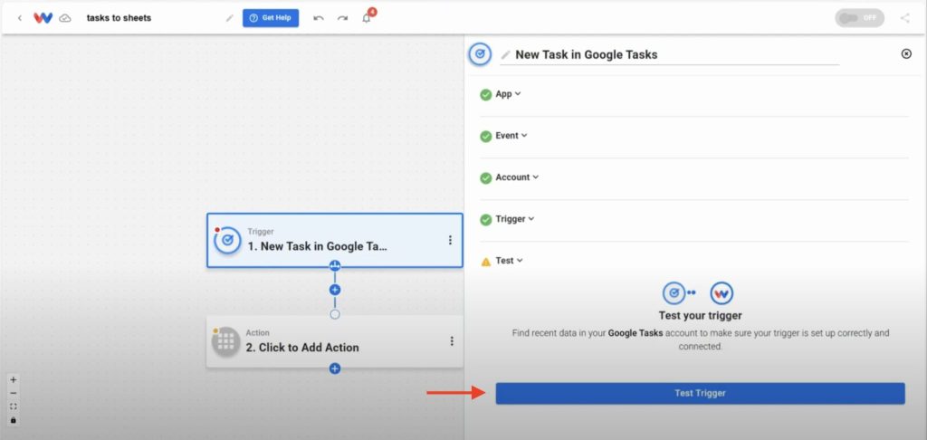 Testing the trigger to load a sample Google Task into the workflow