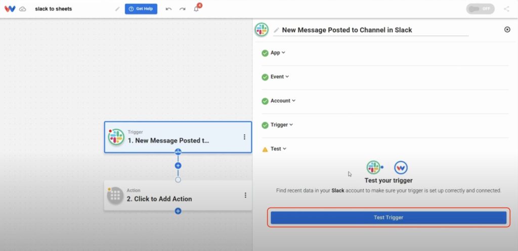 Test the Slack trigger to confirm Workload can receive sample data from the selected channel.