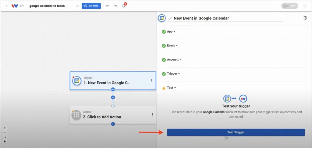 Testing the Google Calendar trigger in Workload to retrieve event data.