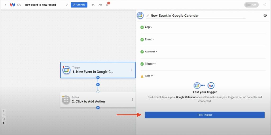 Button to test Google Calendar trigger highlighted at bottom of setup panel