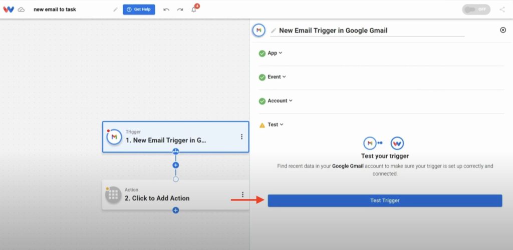 Test the Gmail trigger to ensure that recent email data is correctly pulled into the workflow.
